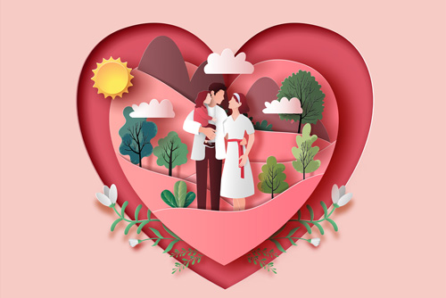 وکتور EPS لایه باز طرح گرافیکی و کاغذی مناسب روز ولنتاین شامل خانواده ای سه نفره در حال قدم زدن در پارک